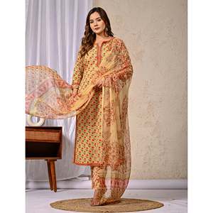 Ensemble ethnique Kurta et pantalon en coton imprimé au bloc Mehendi avec bandana - Product Image 6