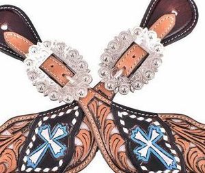 Correas de espuelas occidentales de cuero de alta calidad, concho y hebilla chapados en plata tallados a mano de muy buena calidad a un precio asequible - Product Image 2