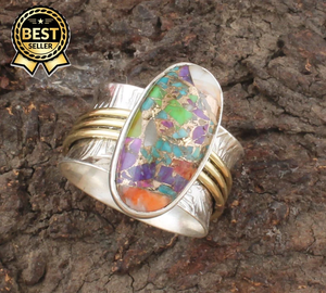 Mélange cuivre turquoise solide 925 argent Sterling Spinner fait à la main Rectangle méditation anneau de mariage Boho souci anneau d'anesthésie pour - Product Image 1