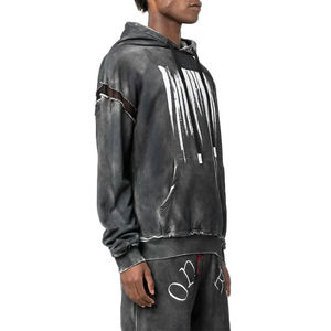 Sweat-shirt homme vintage en molleton français surdimensionné à épaules tombantes, ourlet côtelé lavé, patchwork en maille, imprimé délavé de haute qualité - Product Image 2