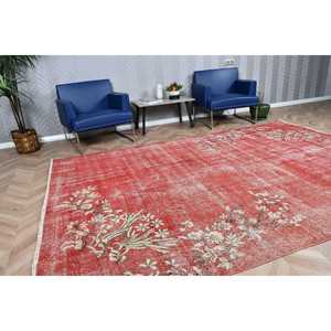 Vintage Turkish Rug 6.9x10 ft, <b>Red</b> Large Abstract <b>Wool</b> Rug - Product Image 2