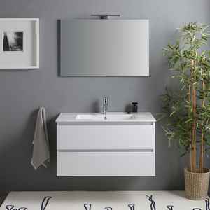 Meuble de salle de bain mural blanc brillant de 90 cm avec 2 tiroirs, miroir et lampe Baltimora, ensemble élégant - Product Image 2