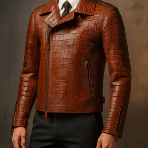 100% véritable peau de vache hommes Style Vintage veste en cuir nouveau élégant pour peau de Crocodile en relief fermeture éclair automne saison toile manteau - Product Image 5