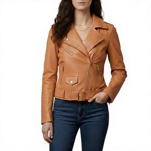 Veste de motard en peau de mouton tissée pour femme Leathertex, manches longues, avec quincaillerie dorée, saison automne, taille XS, marron clair - Product Image 1