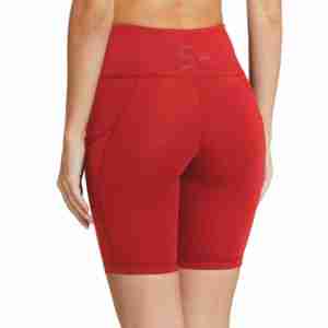 Shorts cyclistes taille haute rouges pour femme, en tricot de spandex et polyester respirant, avec taille élastique, couleur unie, pour le sport, l'entraînement et le yoga - Product Image 4