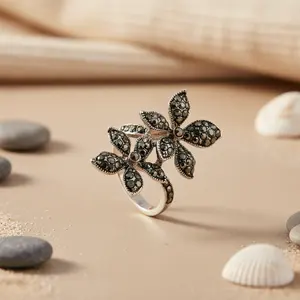 Adjustable Silver Flower <b>Ring</b> <b>for</b> <b>Women</b> Trendy <b>Statement</b> Jewelry with Black Gemstones Gold Plated Inlay Free Size - Product Image 2