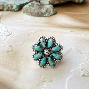 Handmade Turquoise and <b>Sterling</b> <b>Silver</b> <b>Adjustable</b> Flower <b>Ring</b> Boho Jewelry - Product Image 1