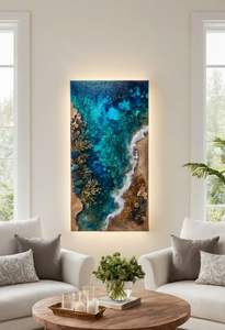 Décoration murale moderne en bois et résine époxy de luxe, faite à la main, avec éclairage LED, imperméable, design naturel pour l'intérieur de la pièce - Product Image 2