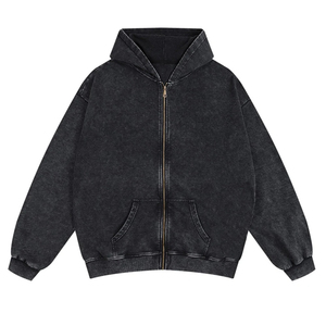 OEM Service 100% Cotton Heavy Weight Fleece Windproof Distressed Vintage Acid Washed Winter Hoodie Plain Blank Men's <b>Zip</b> <b>Hooded</b> - Product Image 1