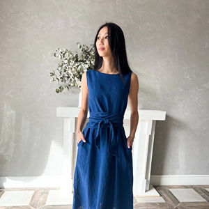 Ropa de calle azul Vestidos de cintura alta Lino Largo Maxi Tallas grandes Vestido bohemio Estilo minimalista Ropa Maxi Longitud Vestido OEM - Product Image 1