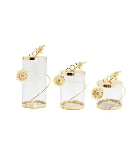 Bote de almacenamiento con aspecto elegante, tarro de vidrio con diseño de flores blancas/doradas
