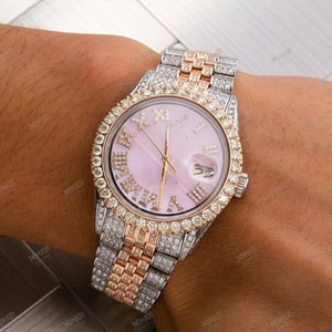 Rose Gold & Silver Diamond <b>Watch</b> with Pink Mother of Pearl Dial, Roman Numerals, Date Display & Iced Out <b>Bracelet</b> Swiss Made - Product Image 3