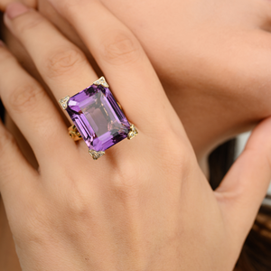 Natural Gemstone Octagon Amethyst & Round <b>Diamond</b> Cocktail Ring Wholesale Gold Jewelry Manufacturer Luxury & Classic Style - Product Image 2