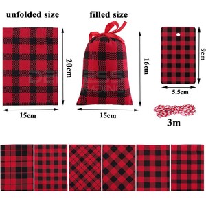 Bolsa con cordón a cuadros rojo y negro de algodón, saco de almacenamiento para regalo de Navidad, favores de fiesta, 20 etiquetas de Navidad, 6 piezas - Product Image 2