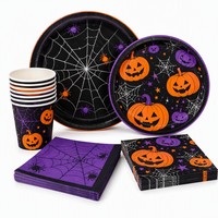 Ensemble de vaisselle en papier personnalisé pour Halloween, thème toile d'araignée, assiettes, gobelets, serviettes, impression de logo OEM pour les marques de fournitures de fête