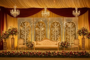 Grand Sangeet อุปกรณ์ติดตั้งบนเวทีสำหรับงานแต่งงานแบบตะวันตกสุดหรูของสหราชอาณาจักรกรอบฉากหลังสีเงินที่ดีที่สุดสำหรับเจ้าสาวนั่ง - Product Image 2