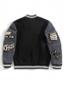 เสื้อแจ็กเก็ตเบสบอลแบบวิทยาลัยของผู้ชายเสื้อนอกด้านหน้ามีฮู้ดแขนสีเทาผ้าคอตตอน100% สองโทนสำหรับฤดูหนาว - Product Image 2