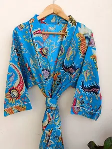 Nouvelle robe kimono cardigan en coton à la mode bleu ciel de style plage bohème exclusive du fournisseur indien - Product Image 2