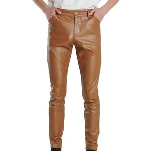 2026 New Arrival High Waist Brown Color <b>Shiny</b> Skinny Fitted <b>Slim</b> Men Leather Pants Zipper Fly Closure Mens Motorbike Pants - Product Image 1