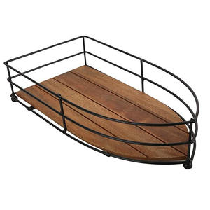 Plateau de service moderne en fil de fer en forme de bateau Plateau de service en bois fini noir Thé Café Snacks Polyvalent Utilisé Maison - Product Image 2