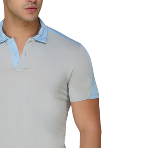Polo pour homme gris clair avec accents bleus, vêtements de sport élégants, tissu en coton confortable pour le sport et les vêtements décontractés - Product Image 4