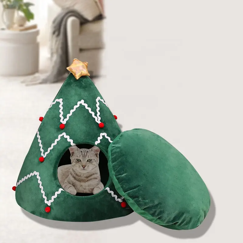 Christmas Cat Bed Cave Nest House Cat Igloo Xmas Kitten Hut Hideout Cute Pet Cave Beds for Small Dog or Bunny Christmas Tree