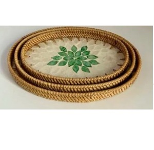 Plateau de service en rotin et bois naturel, fait main et personnalisé, pour restaurants, cafés, hôtels, pour servir des plats, des aliments, des fruits, du café - Product Image 2