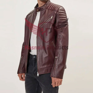 Blouson en cuir véritable bordeaux pour homme, col montant, épaules côtelées, poches zippées, en peau de mouton, style motard, vêtement d'extérieur personnalisé pour l'hiver - Product Image 6