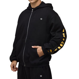 Ensemble survêtement pour homme en molleton noir avec fermeture éclair et pantalon de jogging avec impression de texte sur les manches, tenue décontractée streetwear, vente en gros - Product Image 1