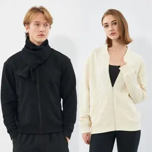 Elegant Embossed Letter Jacquard Zip-Up <b>Bomber</b> <b>Jacket</b> Smart Casual Crew Neck Unisex Breathable with <b>Suede</b> Logo and Hem - Product Image 3