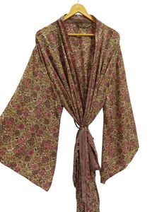 Vestido de maternidad suave hasta el tobillo bata de seda bata multicolor ropa de noche bata India Vintage seda reciclada Sari Kimono - Product Image 3