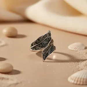 <b>Silver</b> Wing <b>Statement</b> <b>Ring</b> for Women Fashionable 18K Gold Plated Inlaid with Black Gemstones Trendy <b>Ring</b> Style - Product Image 1