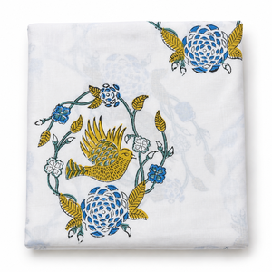 Tissu en voile de coton peigné léger imprimé à la main Pinksa, fil 60S/60S, largeur 43/44 pouces, motif feuillage jaune et bleu - Product Image 5