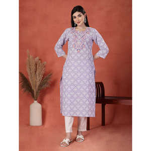 Kurta Recta con Estampado Floral y Bordado para Mujer, Cuello en V, Transpirable, de Algodón Puro, Elegante, Largo hasta la Rodilla, Talla 5XL, Suministro ODM - Product Image 1