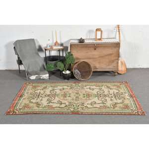 พรมตุรกีพื้นที่ขนาดใหญ่วินเทจสีเบจสีเขียว3.8 x 6.7ft ผ้าขนสัตว์แบบคลาสสิกการเย็บปะติดปะต่อกันการเย็บปะติดปะต่อกันสี่เหลี่ยมผืนผ้าห้องรับประทานอาหารเป็นมิตรกับสิ่งแวดล้อม - Product Image 1