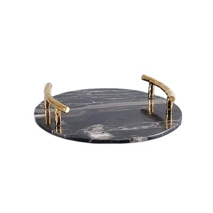 2025 Round Shape <b>Black</b> Marble Serving <b>Tray</b> with Metal Handle Wholesale Customized Design Metal and Marble <b>Tray</b> Manufacturer - Product Image 1