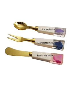 Fourchettes cuillère agate en résine faites à la main couverts de mariage ensemble de cuillères à couverts de taille moyenne en bois de haute qualité en acier inoxydable - Product Image 1