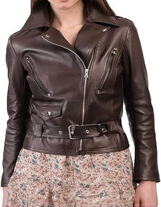 Chaqueta de motociclista de piel de vaca auténtica para mujer, forro de viscosa acolchado, cremallera, Flashback, raya granate, acabado de camuflaje - Product Image 1