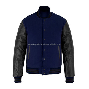 2026 OEM Men's <b>Top</b> Selling Navy Blue Wool With Black <b>Leather</b> Sleeves Varsity Jacket <b>High</b> Quality Low MOQ Heated Fashion Jackets - Product Image 1