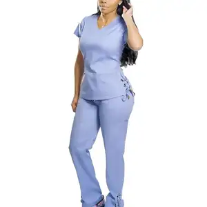 Vendita di eleganti Scrub medici blu cielo per donne che allattano uniformi da ospedale elastiche in poliestere set camicia e pantaloni allacciati