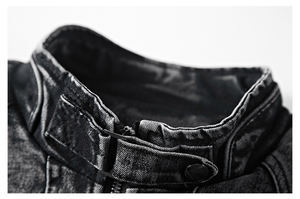 Blouson moto biker décontracté pour homme avec col montant Veste en toile denim avec trous détruits et poches Aspect jean délavé - Product Image 4