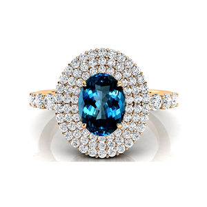 Trending 100% Natural London Blue Topaz Gemstone Halo Style Bagues de fiançailles en or massif 18 carats clouté de diamants taille ronde - Product Image 1