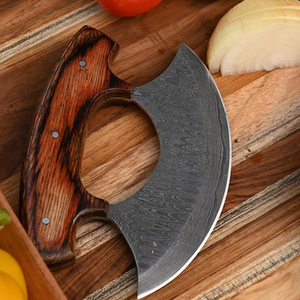 Cuchillo Ulu de Acero de Damasco Hecho a Mano, Cortador de Pizza de Cocina y Rebanador de Chef, Mango de Madera y Funda de Cuero - Product Image 5