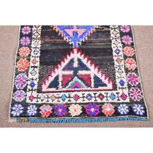 2.4x11.8 ft Turkish <b>Runner</b> Rug, Blue <b>Red</b> Vintage Abstract Wool Rug - Product Image 5