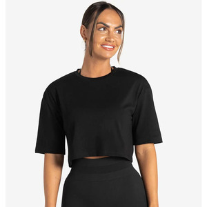 Camiseta corta negra de algodón 100% para mujer, camiseta de manga corta con hombros caídos, suave, elástica, elegante, informal, para Yoga, gimnasio, Fitness - Product Image 5