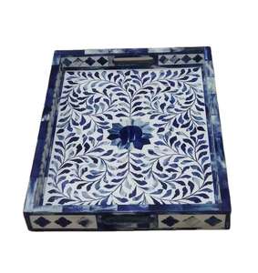 Plateau d'incrustation d'os blanc bleu fait à la main Plateau de rangement en bois écologique de haute qualité avec motif rond personnalisé pour la maison hôtel - Product Image 1