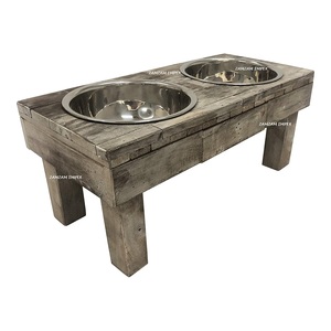Table d'alimentation pour animaux de compagnie en bois d'aspect antique brun lavé avec bols surélevés pour chiens et chats Station d'alimentation rustique pour animaux de compagnie - Product Image 6