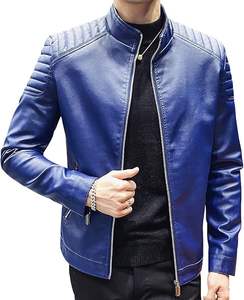 Veste en faux cuir coupe ajustée à col montant pour hommes, veste de motard décontracté - Product Image 1