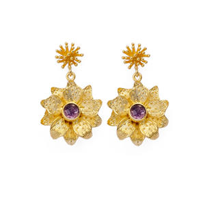 Pendiente de tuerca con diseño de flor de amatista natural, piedra preciosa, diseñador chapado en oro, joyería colgante de moda, pendiente de tachuelas - Product Image 1