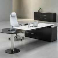 Bureau de direction moderne de luxe blanc et noir avec armoire de rangement et table ronde en verre – Mobilier de bureau